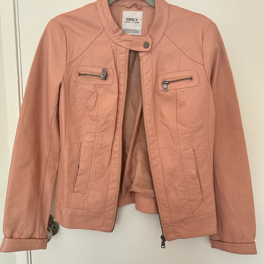 Only Pink Leather Moto Jacket with Band Collar